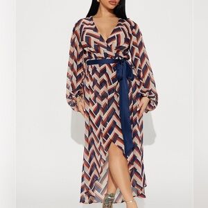 Blue/Brown Chiffon Midi Dress